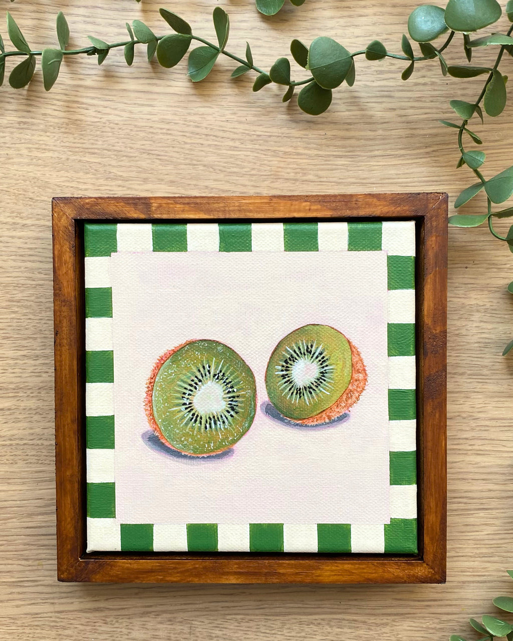 Rainbow Orchard — Kiwi, framed with handmade green gingham border
