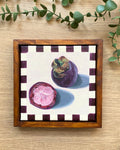 Rainbow Orchard — Mangosteen, framed with handmade purple gingham border