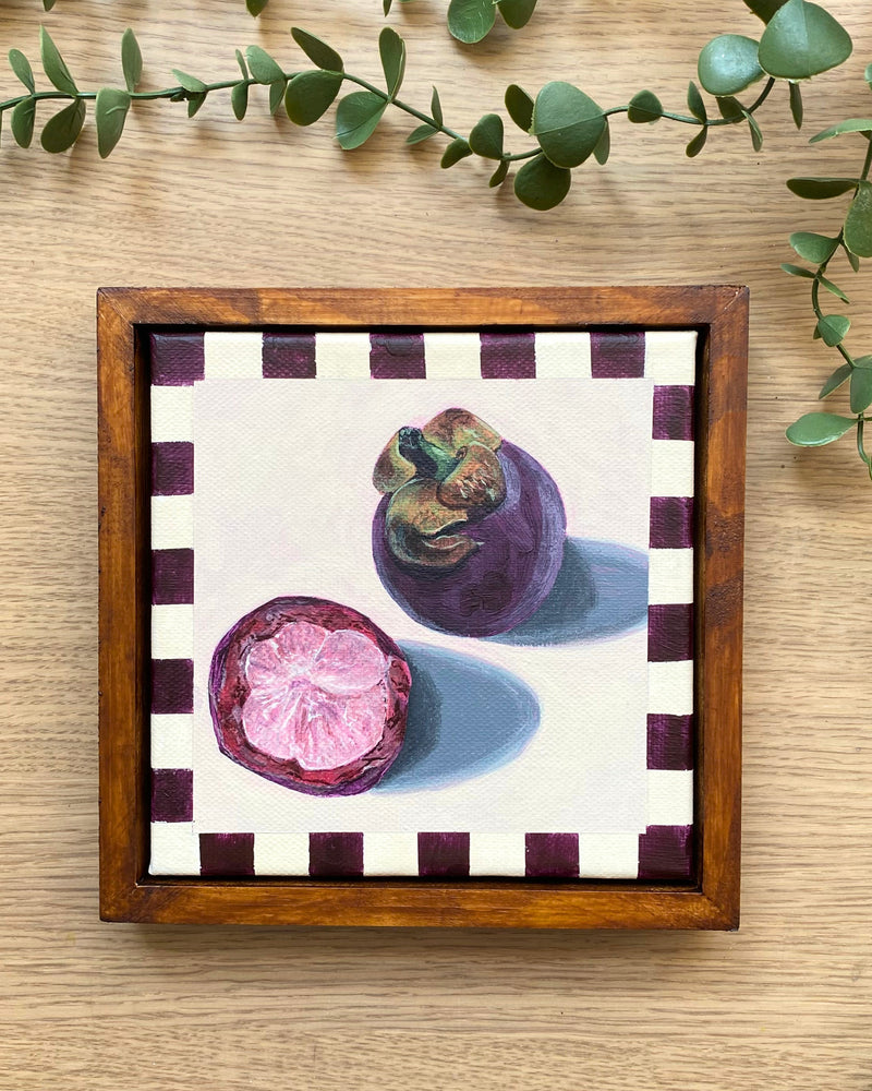 Rainbow Orchard — Mangosteen, framed with handmade purple gingham border